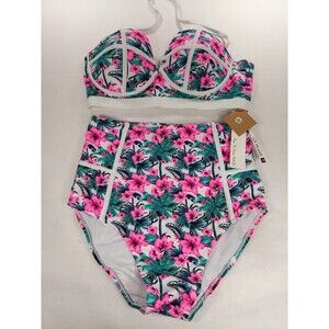 LA PLAGE XL SWIMWEAR HIGH WAISTED 2 PC TROPICAL HIBISCUS PINK GREEN WHITE NWT